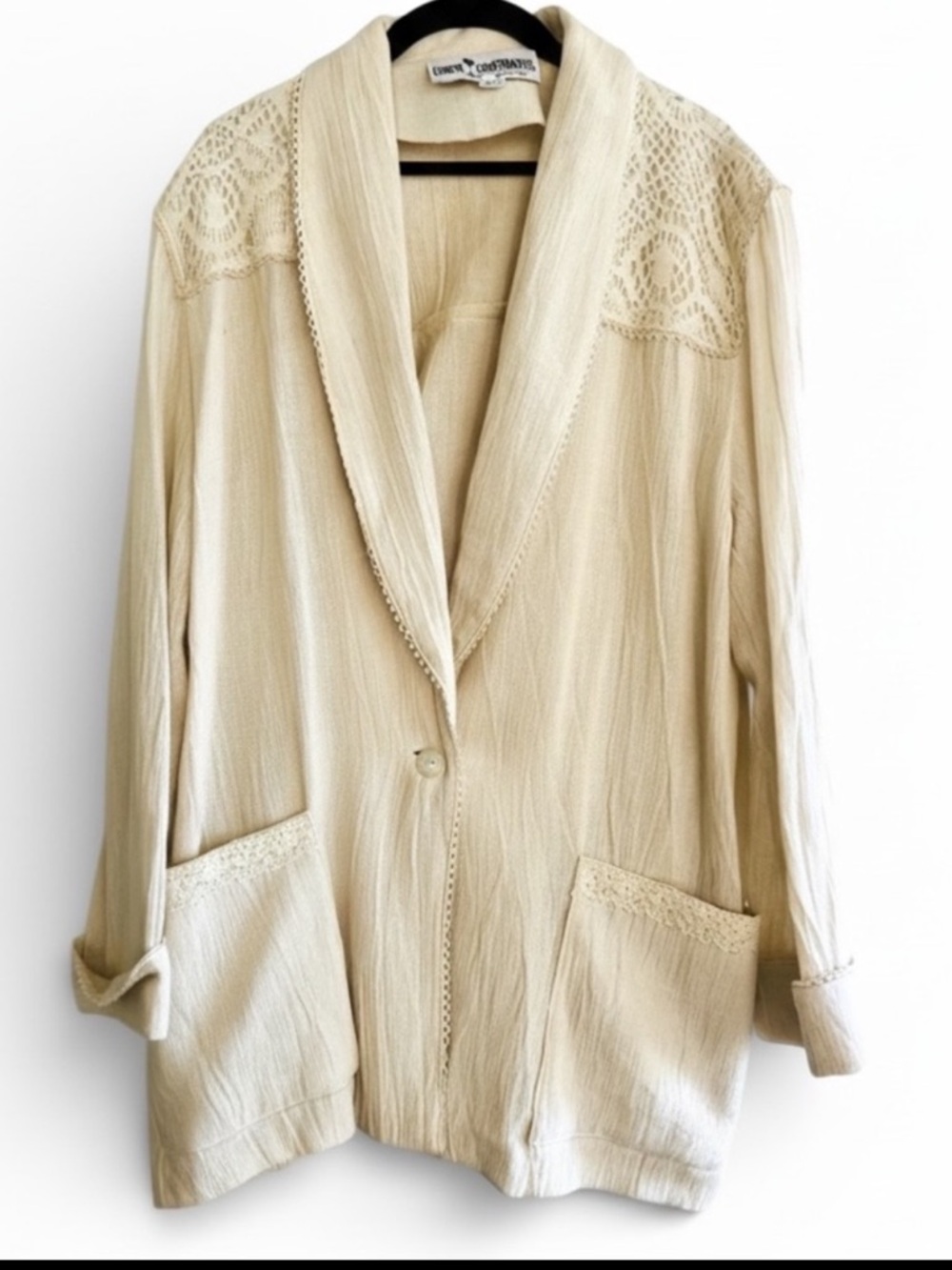 Vintage Beige Women's Blazer with Crochet Details